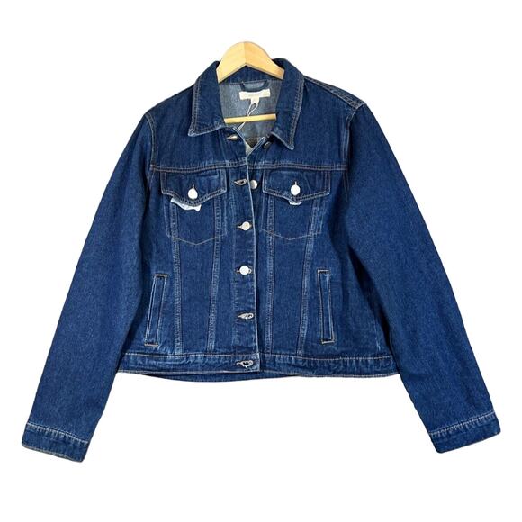 Brit.NY Denim Jean Jacket XL Blue Embellished Satin Mixed Media Floral NEW - Picture 1 of 15